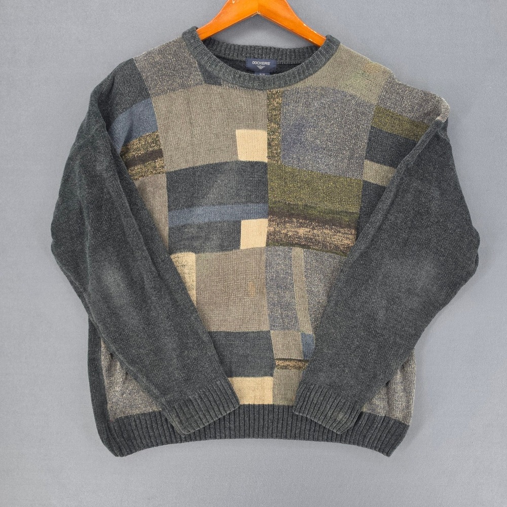 Dockers Mens Patchwork Colorblock Knit Sweater Gray Multi Color Crewneck Medium